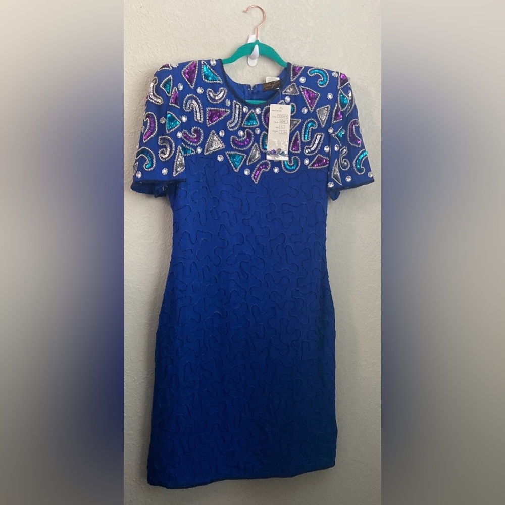 NWT Gorgeous Vintage Eve’s Allure Cocktail Blue Silk Multi Colored Sequins Sz L